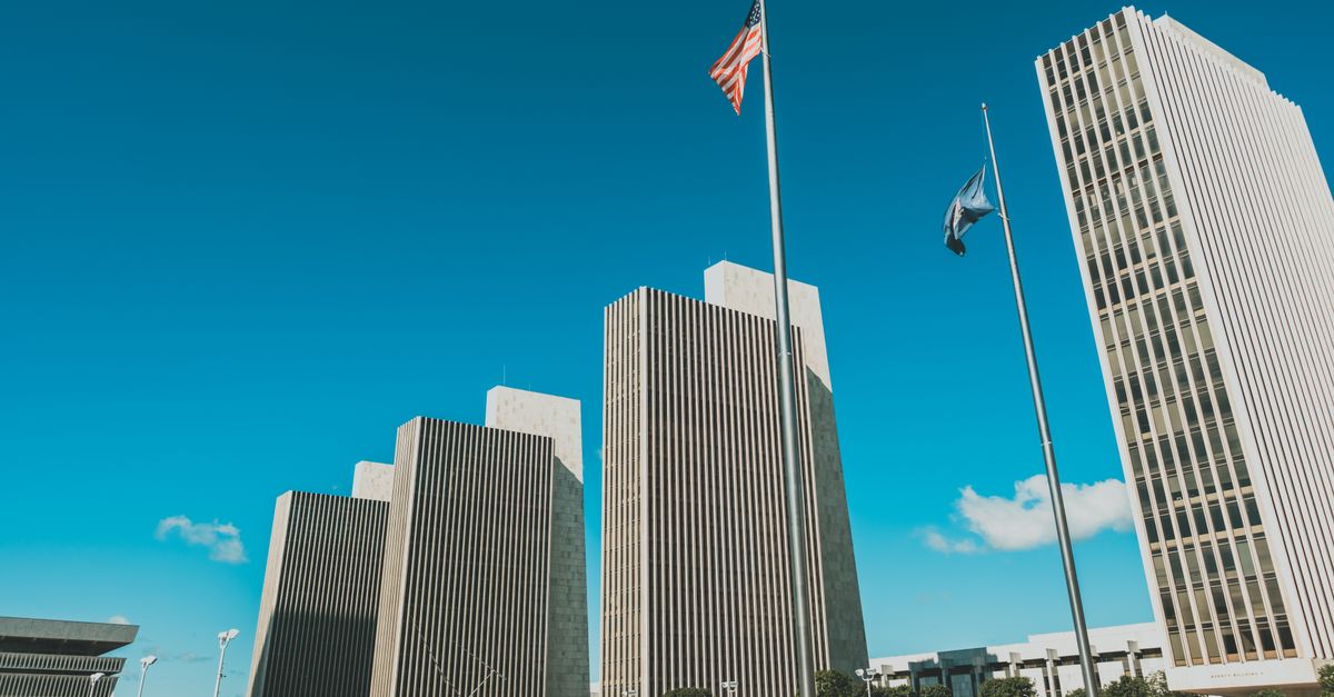 American flag office building